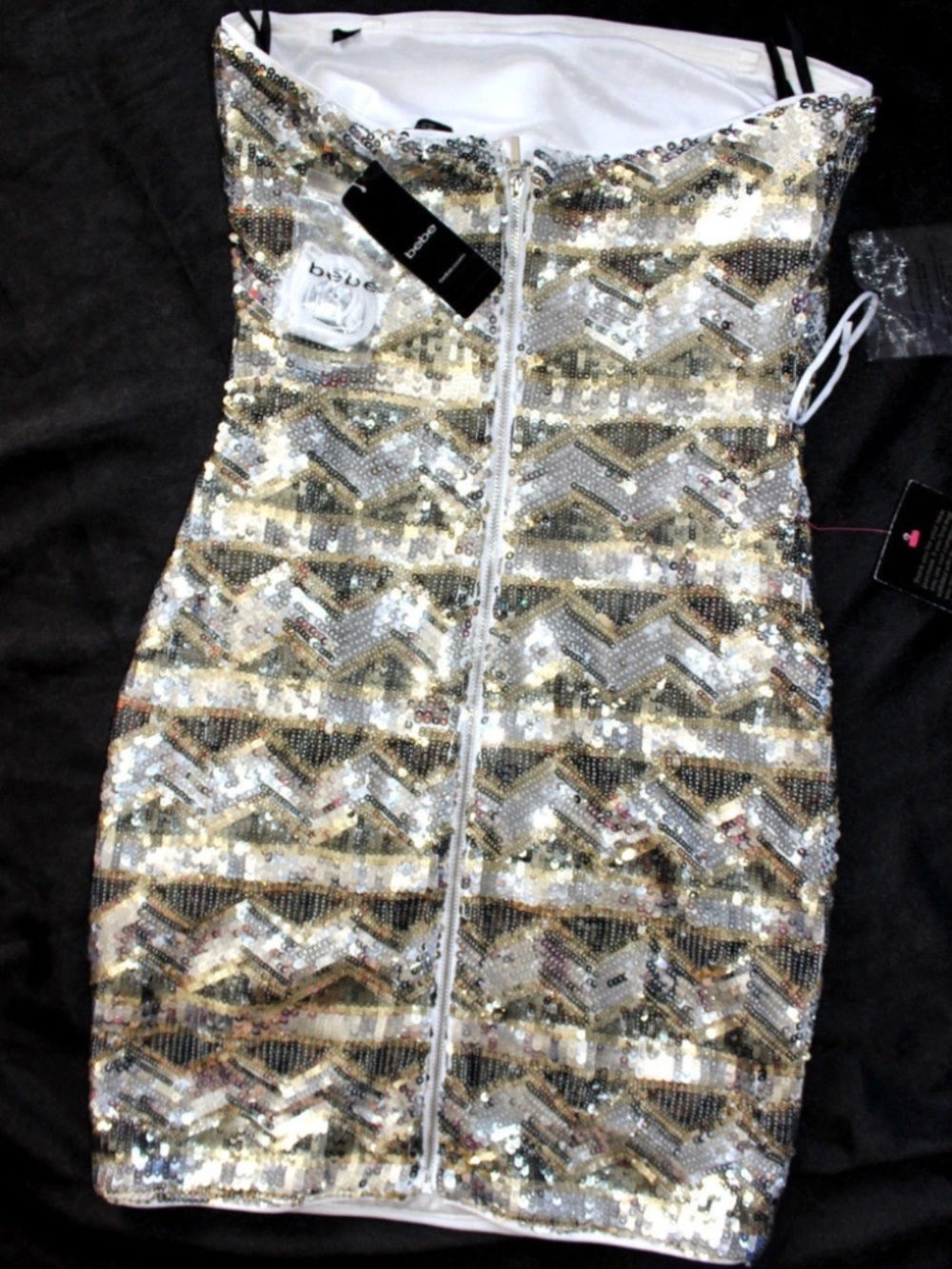 $180 NWT bebe silver gold sparkle sequin strapless floral bustier top dress - Picture 4 of 4